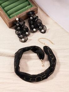 1套3入2024新潮流簡約獨特設計高端優雅面料手工黑色耳環,配可調節項鍊/頸帶,適合女士生日慶祝、節日派對和日常穿著（黑色金色） - 彩色 - 查看 4