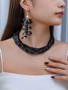 1套3入2024新潮流簡約獨特設計高端優雅面料手工黑色耳環,配可調節項鍊/頸帶,適合女士生日慶祝、節日派對和日常穿著（黑色金色） - 彩色 - 查看 1