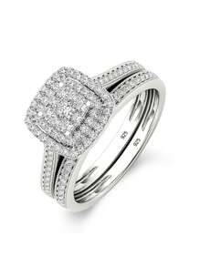 2pcs/Set Fashionable Elegant Luxurious Wedding Ring Set Made Of 925 Sterling Silver & Cubic Zirconia, Golden-Color, Ideal Gift For Wedding, Engagement, Anniversary Bridal Jewelry - White - View 1