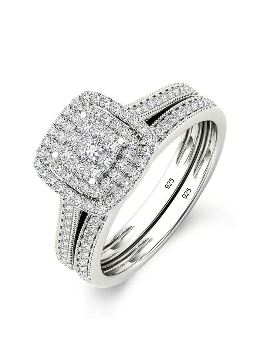 2pcs/Set Fashionable Elegant Luxurious Wedding Ring Set Made Of 925 Sterling Silver & Cubic Zirconia, Golden-Color, Ideal Gift For Wedding, Engagement, Anniversary Bridal Jewelry - White - View 1