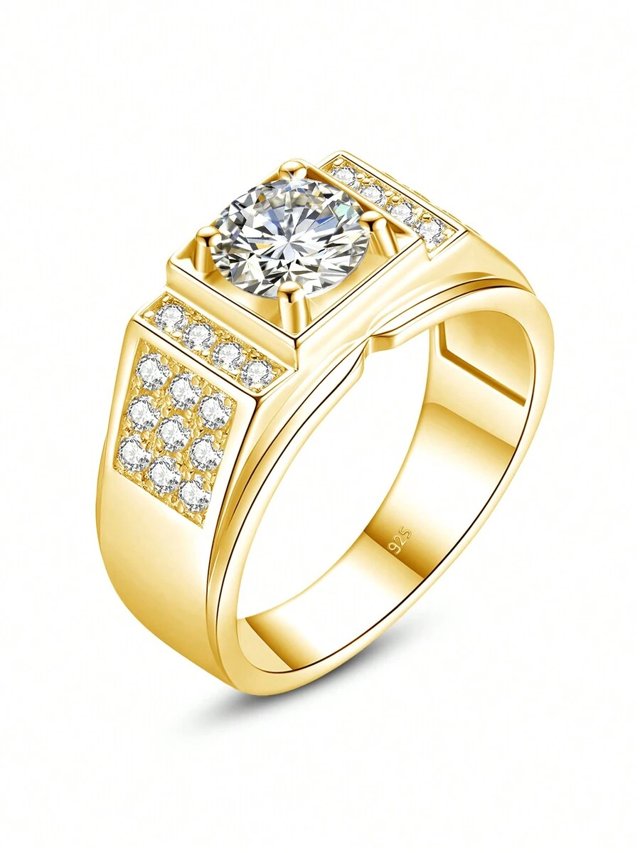 1 Bạc Quyến Rũ Phòng Thí Nghiệm Tạo Ra Moissanite Trang Trí Nhẫn Bạc Cho Nam Cưới - Vàng - Xem 1
