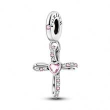 Sterling Silver Cross Pink Cubic Zirconia Pendant For Women For DIY Jewelry Making