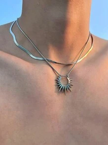 One Layer Sun Pendant & Floral Layered Necklace - Silver - View 2