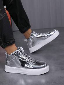 Zapatos De Skate Plateados De Alta Gama Brillante Para Hombre Con Cordones, Perfectos Para Fiestas Y Ropa De Calle - Plateado - Ver 4