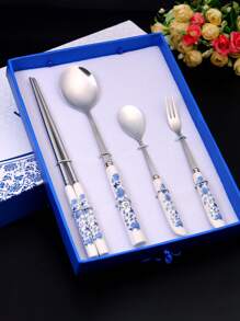 風藍白瓷器餐具套裝,高端禮盒包裝4入組藍白瓷器餐具套裝 - 青花瓷組(1筷1匙1小叉小匙) - 查看 1
