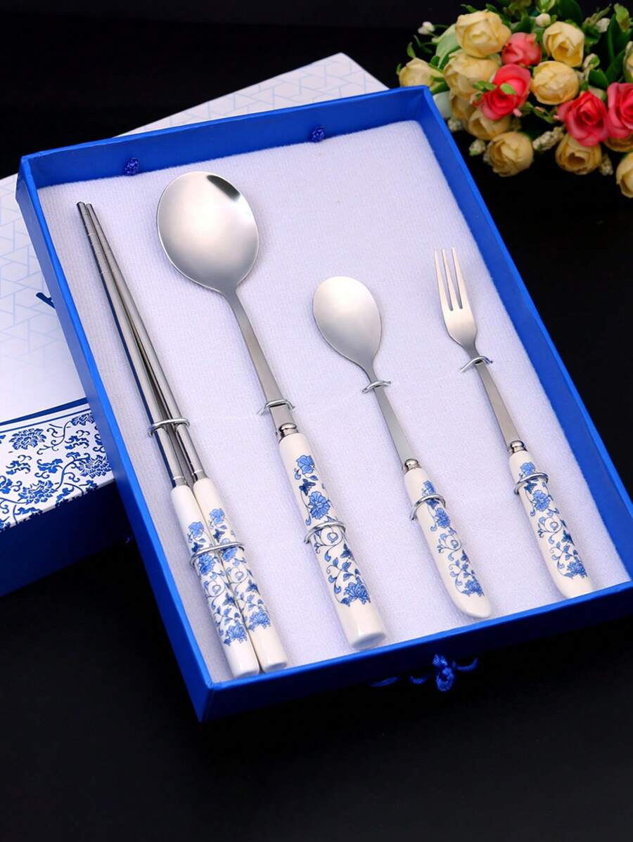 風藍白瓷器餐具套裝,高端禮盒包裝4入組藍白瓷器餐具套裝 - 青花瓷組(1筷1匙1小叉小匙) - 查看 1