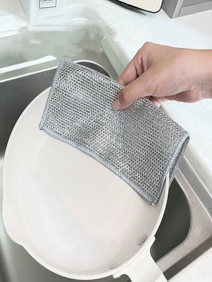 Silver Steel Wire Mesh Cleaning Cloth Kitchen Scrubbing Dish Washing Pot Cleaning Scouring Cloth,Kitchen,Bathroom,Home,Household Supplies - Silver - View 1