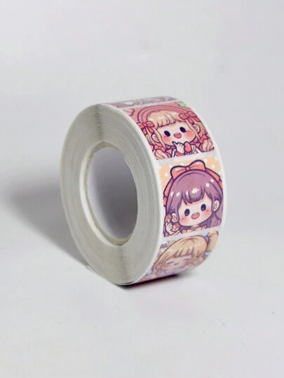 1 卷漫畫女孩貼紙、兒童貼紙、卡通動畫、手繪兒童玩具、圓形密封貼紙、卡通貼紙、可愛寶寶獎勵貼紙、防水學生筆記本貼紙、禮品包裝裝飾貼紙