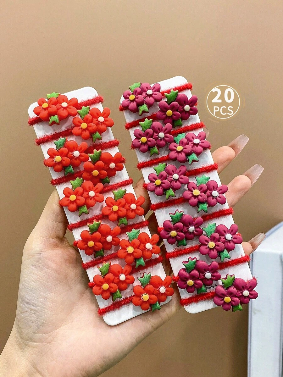 20 Red And Purple Double Flower Hair Ties For Children - Multicolor - View 1