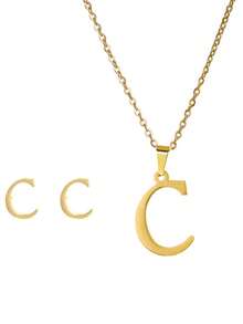 3 件/套不锈钢镀 18K 黄金首饰套装带耳钉字母吊坠耳环和项链女士复古首饰套装情人节礼物 - 金黃色 - 查看 12