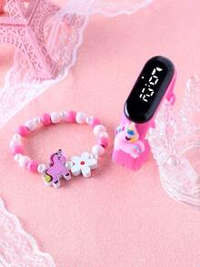 1入組卡通獨角獸裝飾led數碼防水手環手錶,配有珠狀獨角獸手鍊,適合日常佩戴 - 粉色 - 查看 3