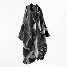 1pc Fashionable Grey Striped Spliced Autumn/Winter Travel Shawl, Windproof And Warm, Faux Cashmere - Black - View 3