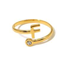 1個女士字母系列鈦鋼18k鍍金鑽石鑲嵌開放式指環 - 金色 - 查看 31