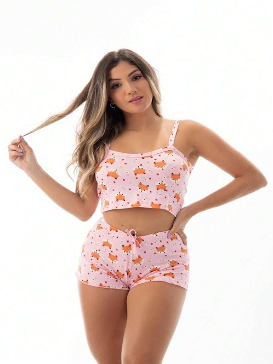 Baby Doll cropped Feminino Promocional Barato Linha Noite Confortável Pijama Curto Verão - Preto - Visão 1