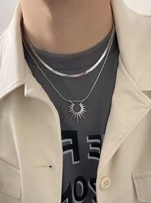 One Layer Sun Pendant & Floral Layered Necklace - Silver - View 5