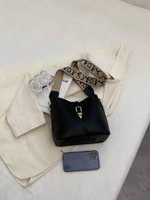 復古扣飾水桶形肩背手提包,女士豪華幾何背帶斜挎包,經典單肩包,仿皮休閒設計師復古時尚錢包,給媽媽的禮物,通勤上班、購物使用 - 黑色 - 查看 5