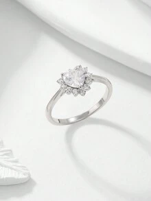 1枚精美浪漫的簡約風格925純銀戒指,鑲有鋯石和心型雪花圖案,適合女性日常佩戴或約會時穿戴 - 心形 - 查看 4