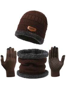 3 件/套 秋冬帽保暖圍巾觸控手套套保暖脖套加厚針織帽套 - 酒紅色 - 查看 11