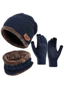 3 件/套 秋冬帽保暖圍巾觸控手套套保暖脖套加厚針織帽套 - 酒紅色 - 查看 9