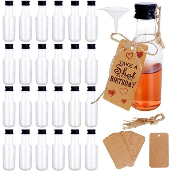 30pcs Mini Bottles Set, 0.85oz 1.7oz 3.3oz 5oz Plastic Spirit Bottles Mini Plastic Alcohol Shot Bottles With Caps, 2 Liquid Funnels And Khaki Tags Mini Bottles Hot Sauce Bottles Shot Bottles Mini Juice Bottle