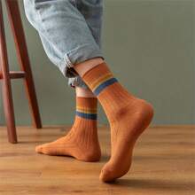 5pairs Men's Casual Plain Color Striped Socks, Anti-Odor Sweat-Absorbing Breathable Comfy Crew Socks, Men Socks