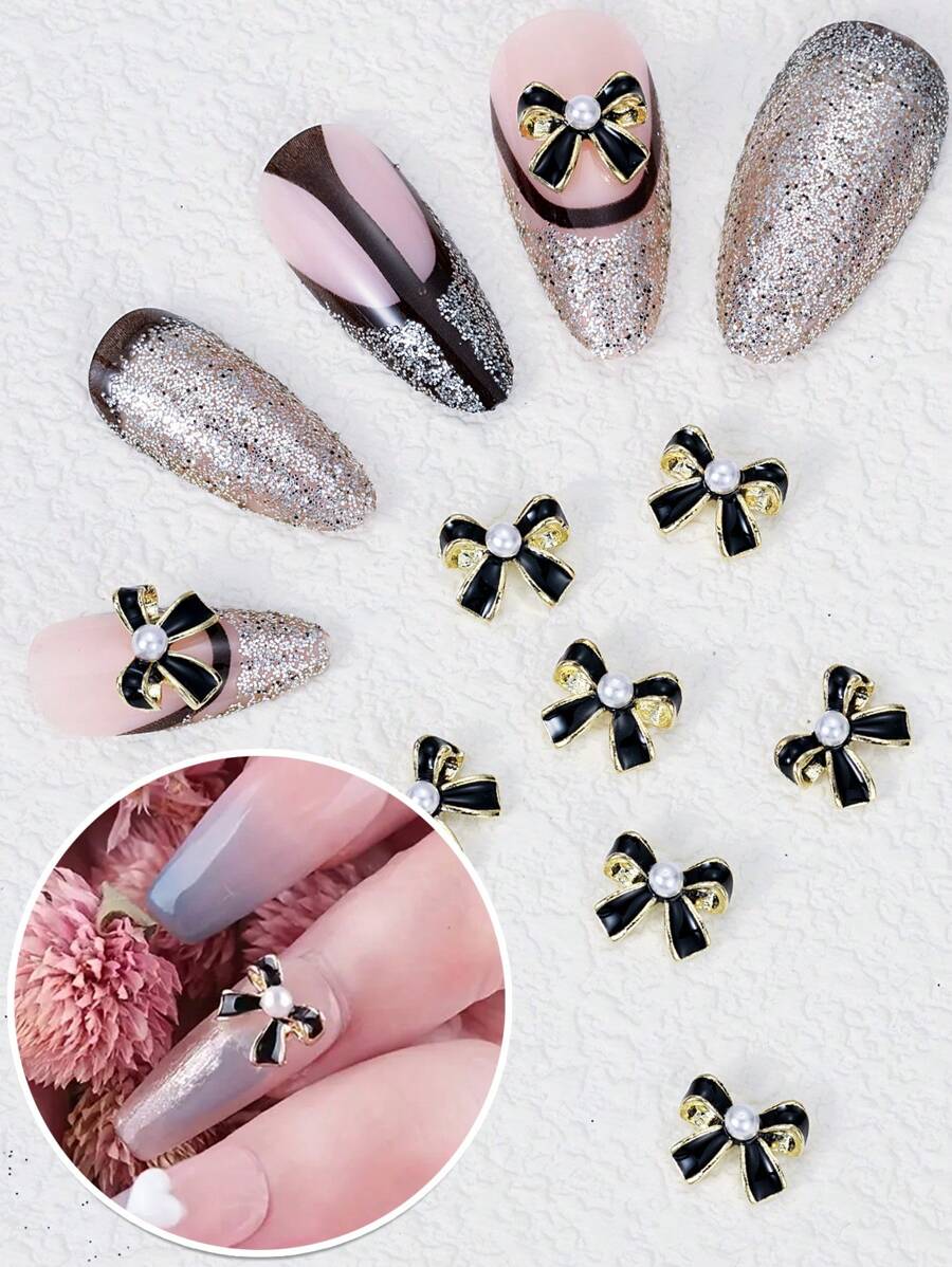 5入組奢華黑白合金蝴蝶結美甲裝飾,帶珍珠和鑽石 - Diy美甲配件 - 黑色 - 查看 1