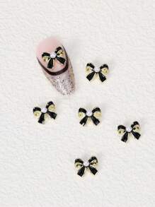 5入組奢華黑白合金蝴蝶結美甲裝飾,帶珍珠和鑽石 - Diy美甲配件 - 黑色 - 查看 2