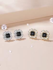 1對復古925純銀幾何方形黑色耳針，優雅日常珠寶配飾女性 - 金色 - 查看 3