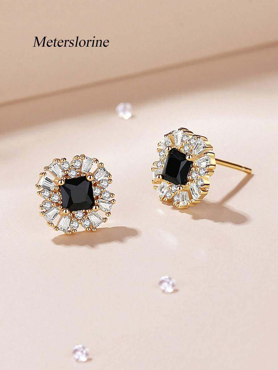 1對復古925純銀幾何方形黑色耳針，優雅日常珠寶配飾女性 - 金色 - 查看 1