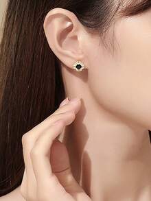 1對復古925純銀幾何方形黑色耳針，優雅日常珠寶配飾女性 - 金色 - 查看 2