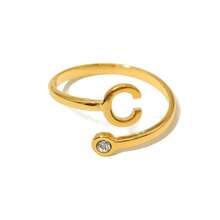 1個女士字母系列鈦鋼18k鍍金鑽石鑲嵌開放式指環 - 金色 - 查看 13