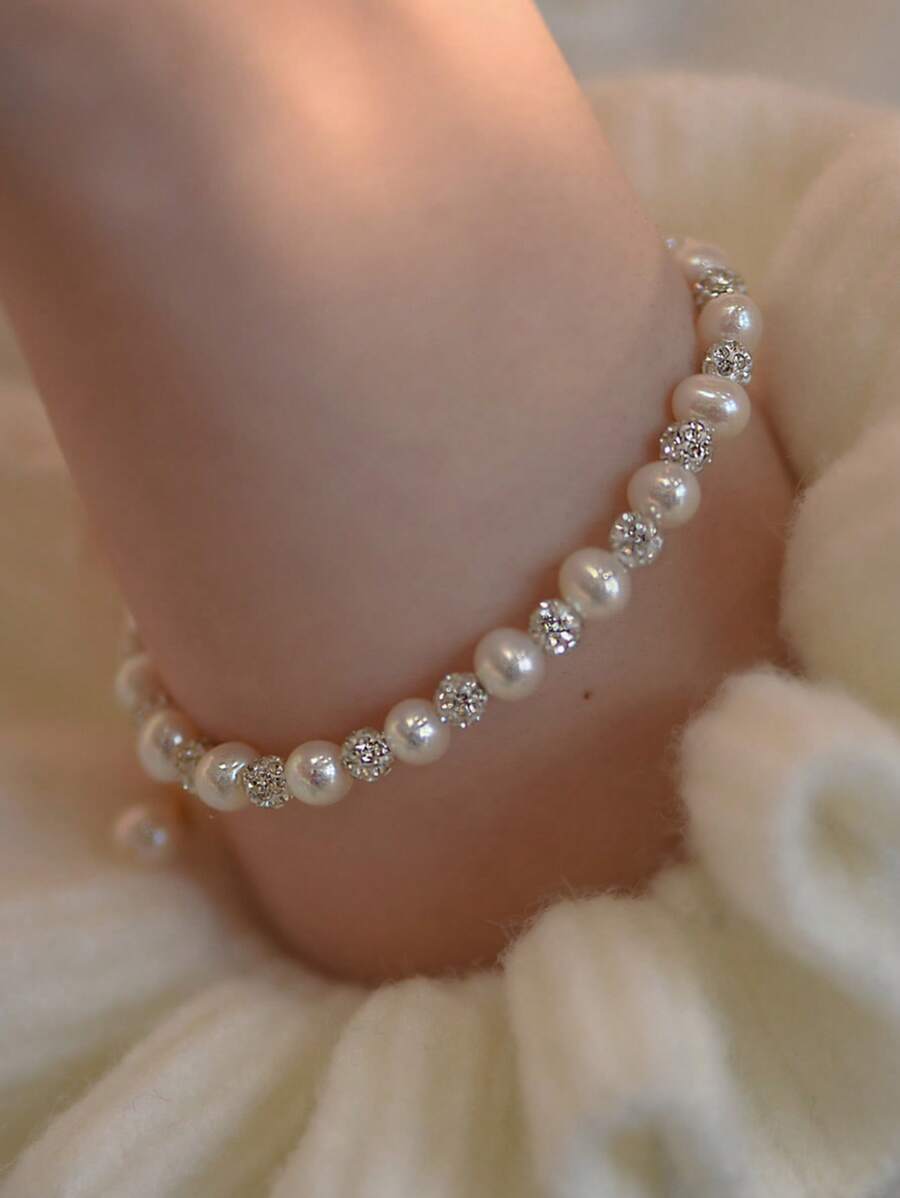 1個新到貨獨特設計酷色調時尚S925純銀閃亮星球+人造珍珠手鍊，完美的生日禮物 - 銀色 - 查看 1