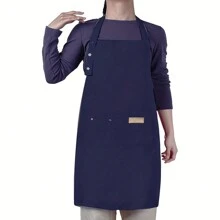 1件時尚帆布廚房圍裙,適用於女性男性主廚燒烤餐廳酒吧商店咖啡廳美甲工作室制服 - 咖色 - 查看 4