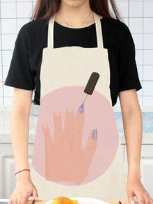 1pc Kitchen Utensils & Nail Art & Queen & Butterfly & Bird Printed Linen Apron - Pink - View 3