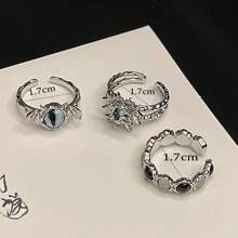 3入組時尚珠寶套裝-優雅奢華的分層鑲鑽心形和花卉圖案可調節戒指,適用於女性的日常穿著 - 彩色 - 查看 2