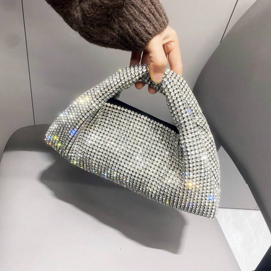 閃閃發光的閃石豪華設計師手袋，適合派對和晚宴，手工製作的女士手拿包 - 銀色 - 查看 1