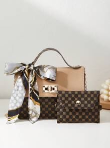 Women's 2-Piece Combination Bag Set With Shoulder Crossbody Chain Bag And Scarf Handbag - Coffee Brown - View 2