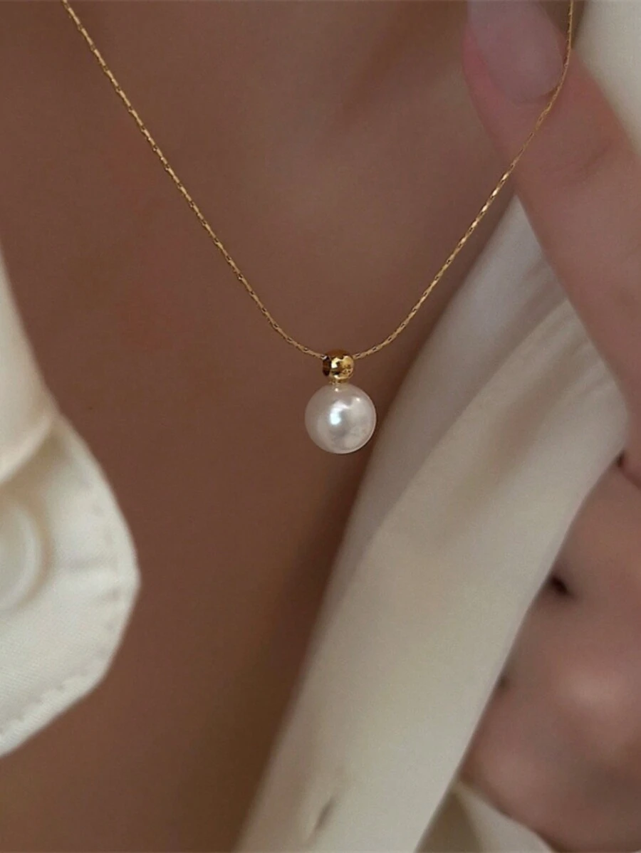 1pc Women's Fashionable Faux Pearl Pendant Stainless Steel Necklace, Suitable For Everyday Wear