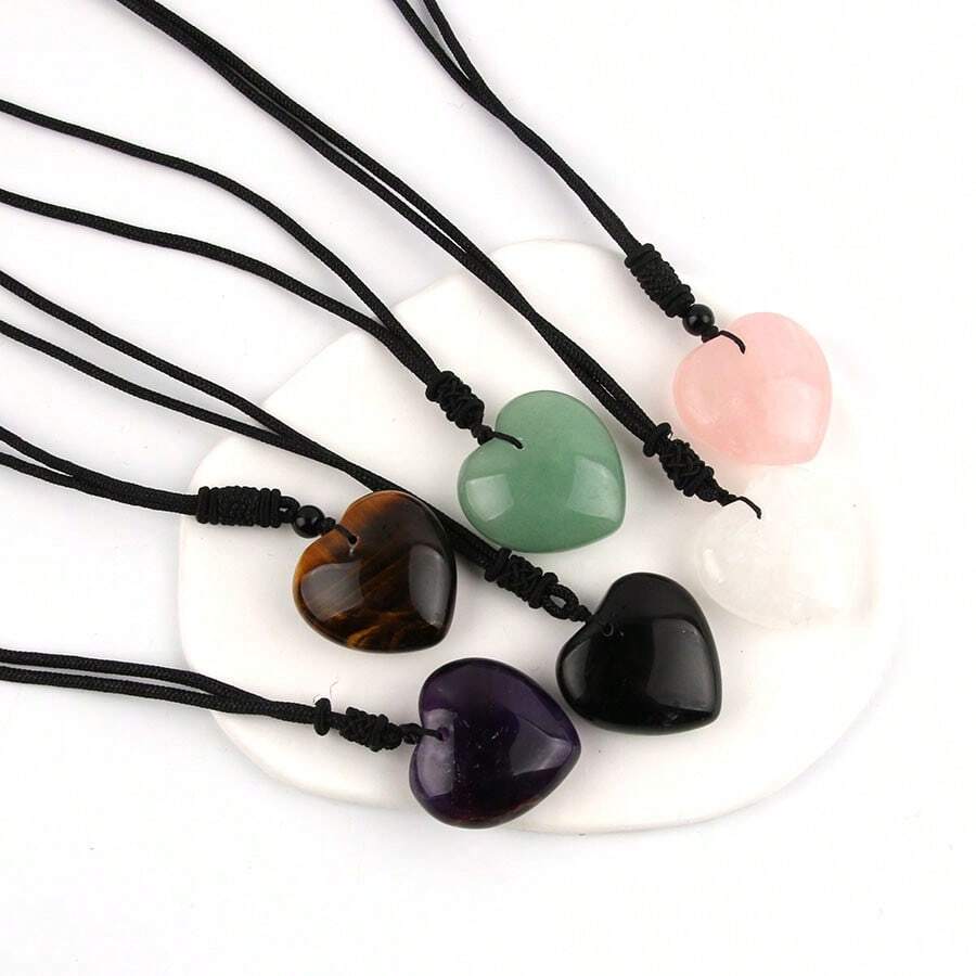 30mm Natural Gemstone Heart Shaped Crystal Rose Quartz Pendant, Adjustable Necklace Jewelry, Gift For Women, Valentine's Day Present - With Adjustable Rope - View 1