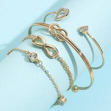 4pcs 復古時尚設計8線鑽石鑲嵌心形手鍊開口手鍊套裝適合女士日常佩戴 - 金色 - 查看 4