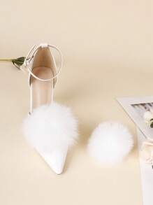 1 Pair Detachable White Fur Pom Pom Shoe Clip Accessory, Suitable For Wedding Heels, Flats, DIY Shoe Decoration
