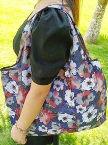 1入深藍色花卉印花可重複使用的購物袋,可折疊的大容量包裝袋,適用於旅行,購物和存儲,耐用且方便 - 藏蓝色 - 查看 3