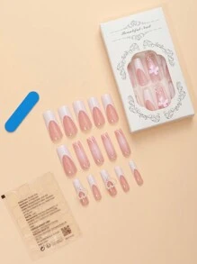 24入組女孩用壓克力材質棺材形白色法式指甲,冠冕、心形和蝴蝶結裝飾,是情人節禮物的不二之選。附1入甲片和1入果凍膠 - 粉色 - 查看 2