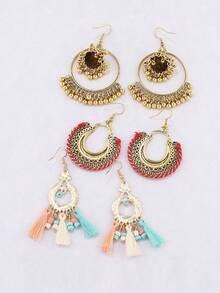 3sets Bohemian Style Tassel & Bell Shaped Alloy Earring Set, Suitable For Women's Wedding, Parties And Banquets - Gold - View 2