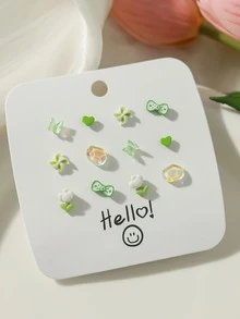 1套12件锌合金简约百搭洋气耳环清新简约森系耳环白色蝴蝶花朵爱心迷你耳环女日常佩戴 - 綠色 - 查看 4