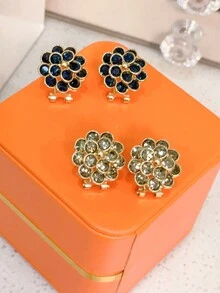 1對海軍藍水晶雙層3d花瓣耳釘耳環,優雅豪華的花卉設計,用於女性迷人的耳飾裝飾 - 彩色 - 查看 1