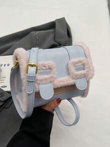 1 件時尚毛絨 Pu 斜挎包,優雅、精緻、奢華、華麗設計,非常適合通勤、旅行、情人節,簡單而別緻,大容量,適合女士冬季作為肩背包或斜挎包攜帶 - 藍色 - 查看 7