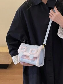 1 件時尚毛絨 Pu 斜挎包,優雅、精緻、奢華、華麗設計,非常適合通勤、旅行、情人節,簡單而別緻,大容量,適合女士冬季作為肩背包或斜挎包攜帶 - 藍色 - 查看 4