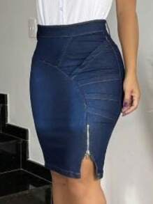 Women Denim Skirts - 中等水洗藍 - 查看 2