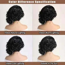 女士 14 英寸自然黑色短卷发合成假发，侧分设计，适合日常佩戴 - 黑色 - 查看 6